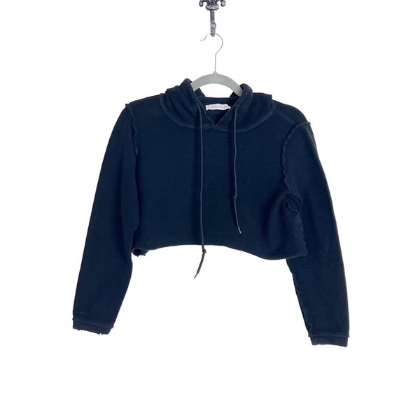 Danielle Guizio Exposed Seam Cropped Hoodie Sweatshirt Black - Picture 8 of 8